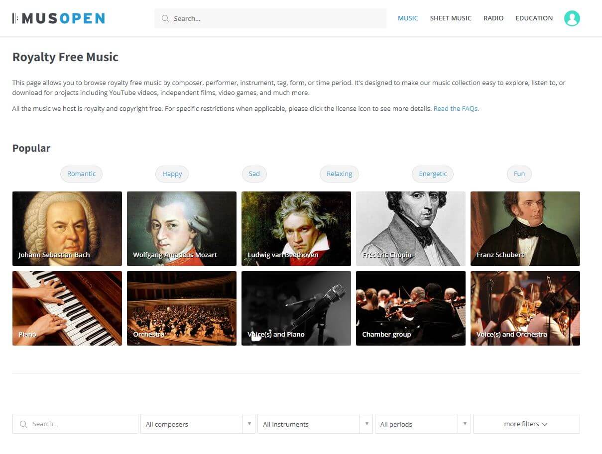 Site axée sur la musique classique, comprenant des morceaux en téléchargement gratuit, ainsi que les partitions (Nécessite un compte gratuit pour télécharger).