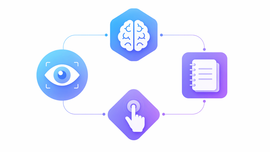 Illustration des quatre briques d'un agent intelligent artificiel : perception, raisonnement, m&eacute;moire, action