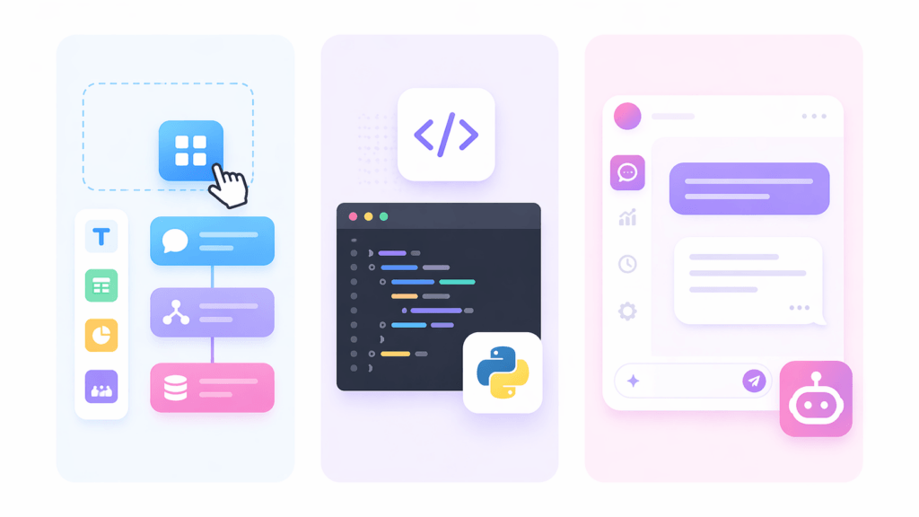 Trois familles d'outils pour cr&eacute;er un agent IA : no-code, frameworks d&eacute;veloppeur et agents pr&ecirc;ts &agrave; l'emploi
