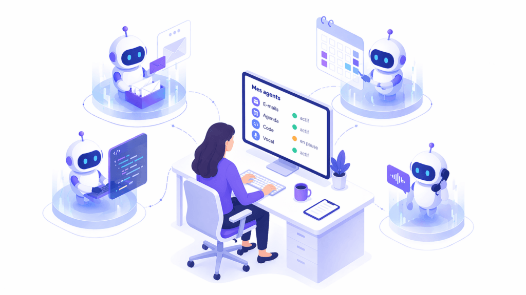 Schéma d'un agent IA et ses tâches autonomes autour d'un utilisateur humain