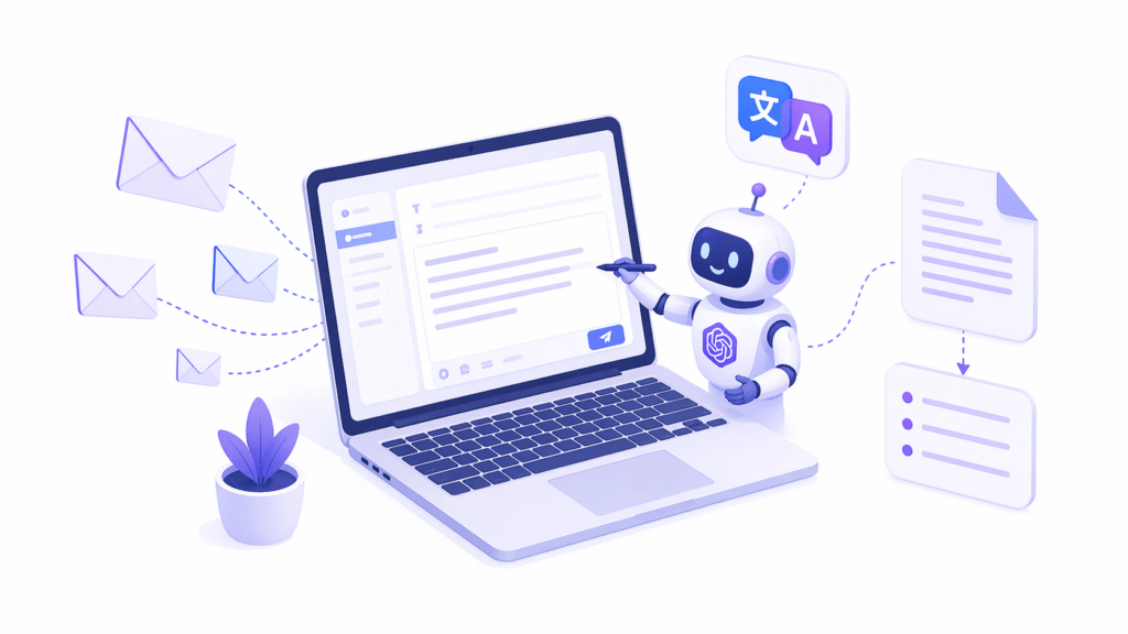 Assistant IA aidant à rédiger un e-mail, à traduire et à résumer un document
