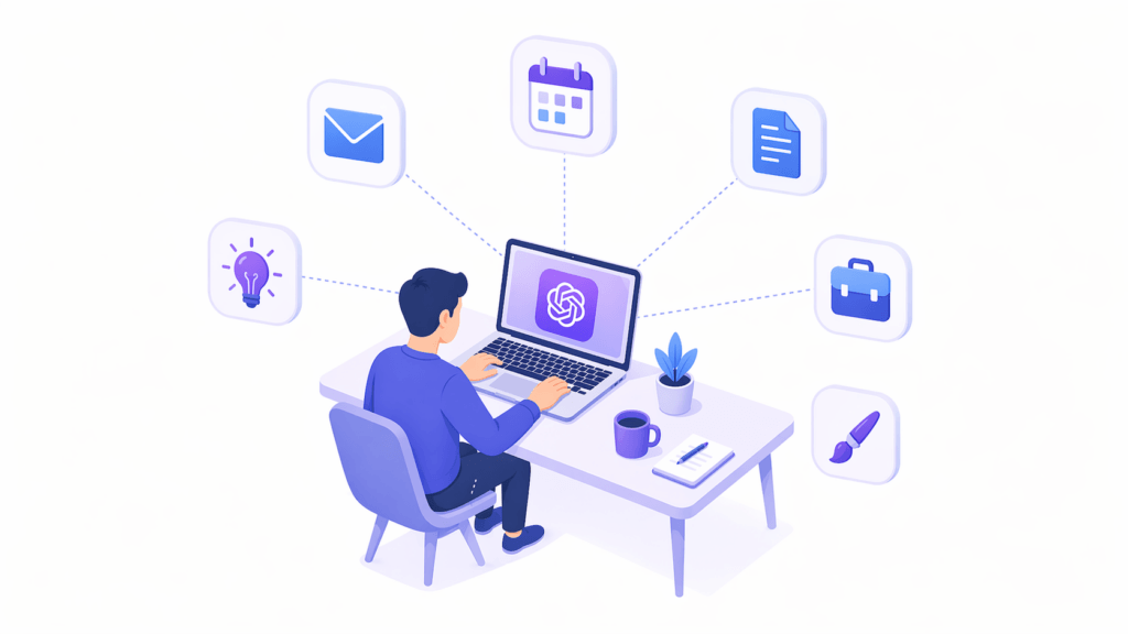 Utilisateur &agrave; son bureau explorant diff&eacute;rents cas d'usage de ChatGPT pour son quotidien professionnel