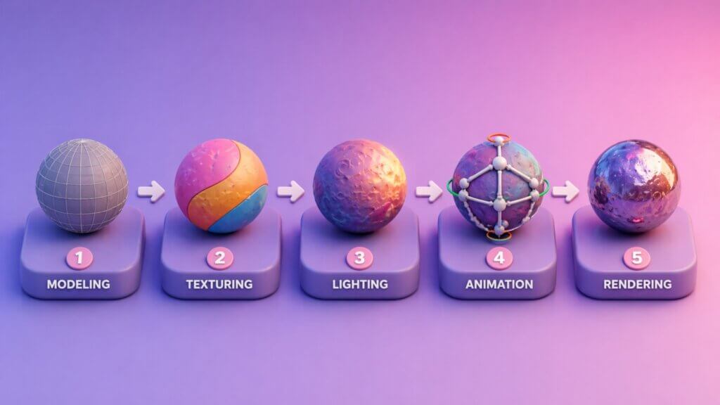 Les 5 &eacute;tapes du workflow de production 3D : mod&eacute;lisation, texturing, &eacute;clairage, animation et rendu