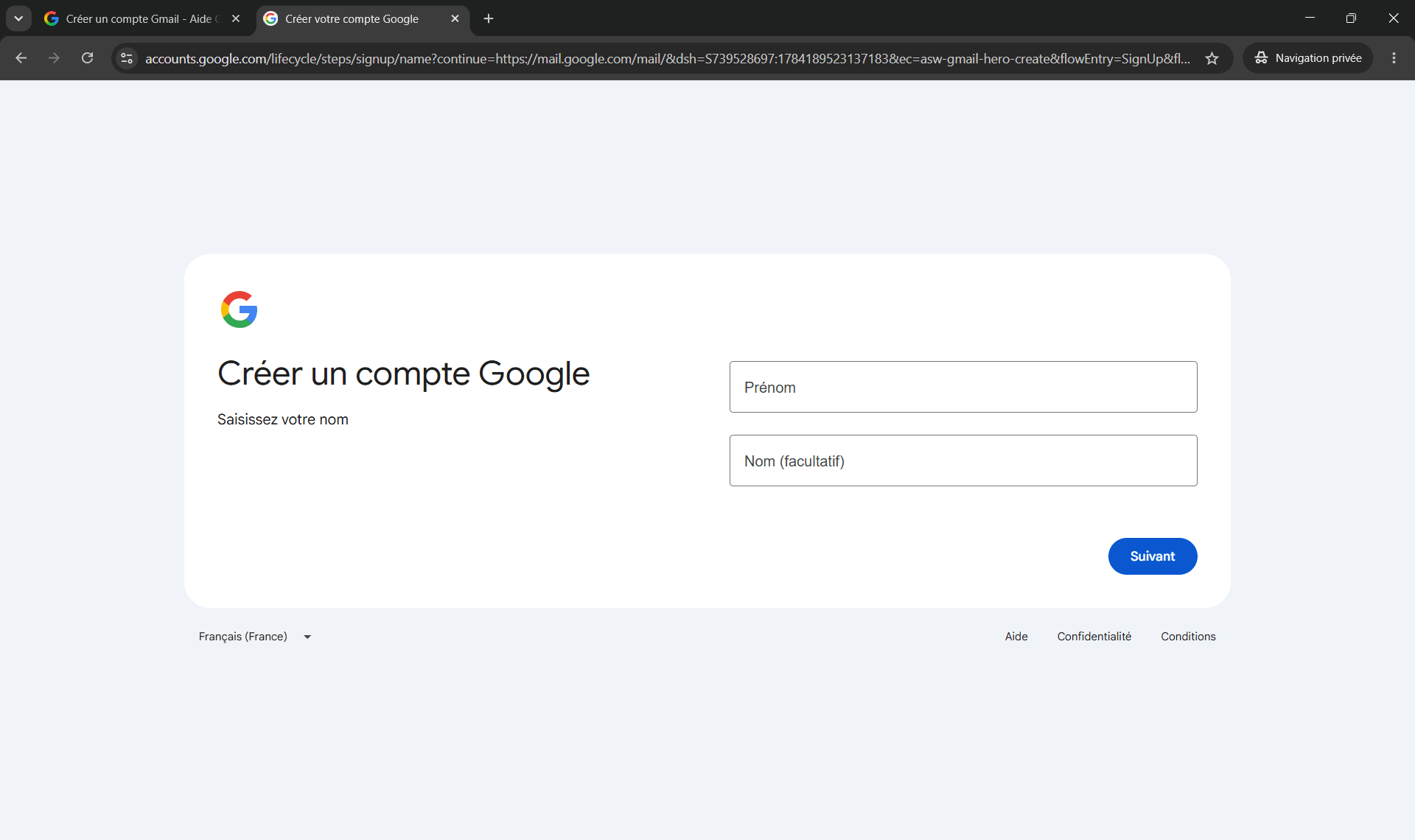 Cr&eacute;ation du compte Gmail - Nom et Pr&eacute;nom