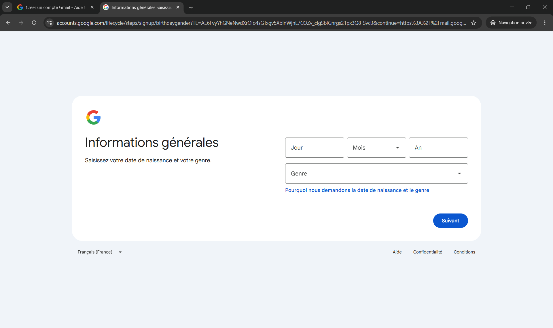 Cr&eacute;ation du compte Gmail - Date de naissance et genre