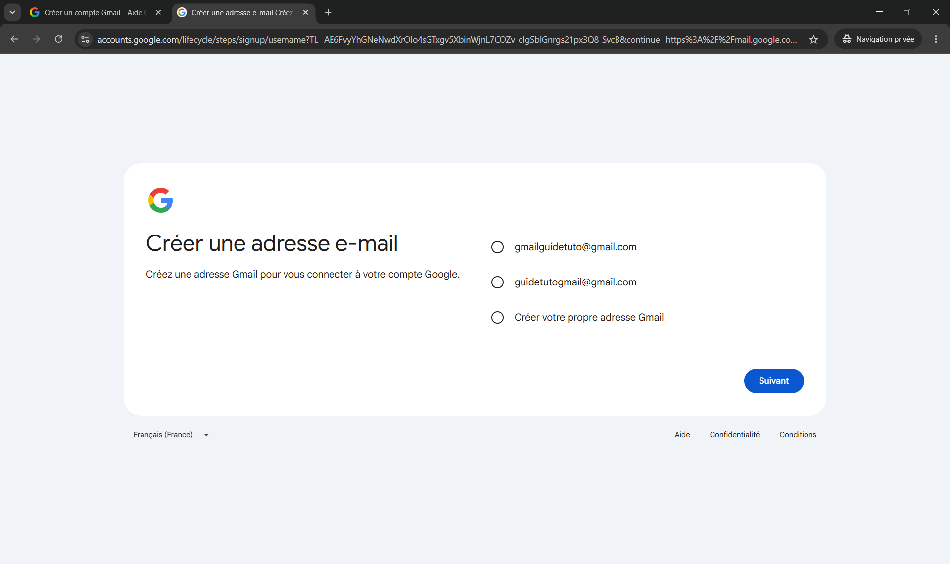 Cr&eacute;ation adresse gmail - Choix de l'adresse
