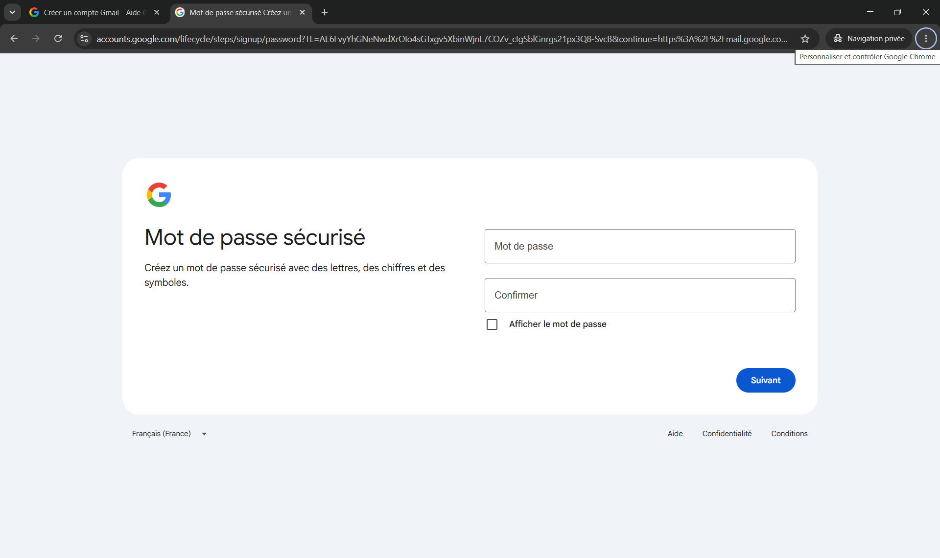 Cr&eacute;ation du compte Gmail - Choix du mot de passe
