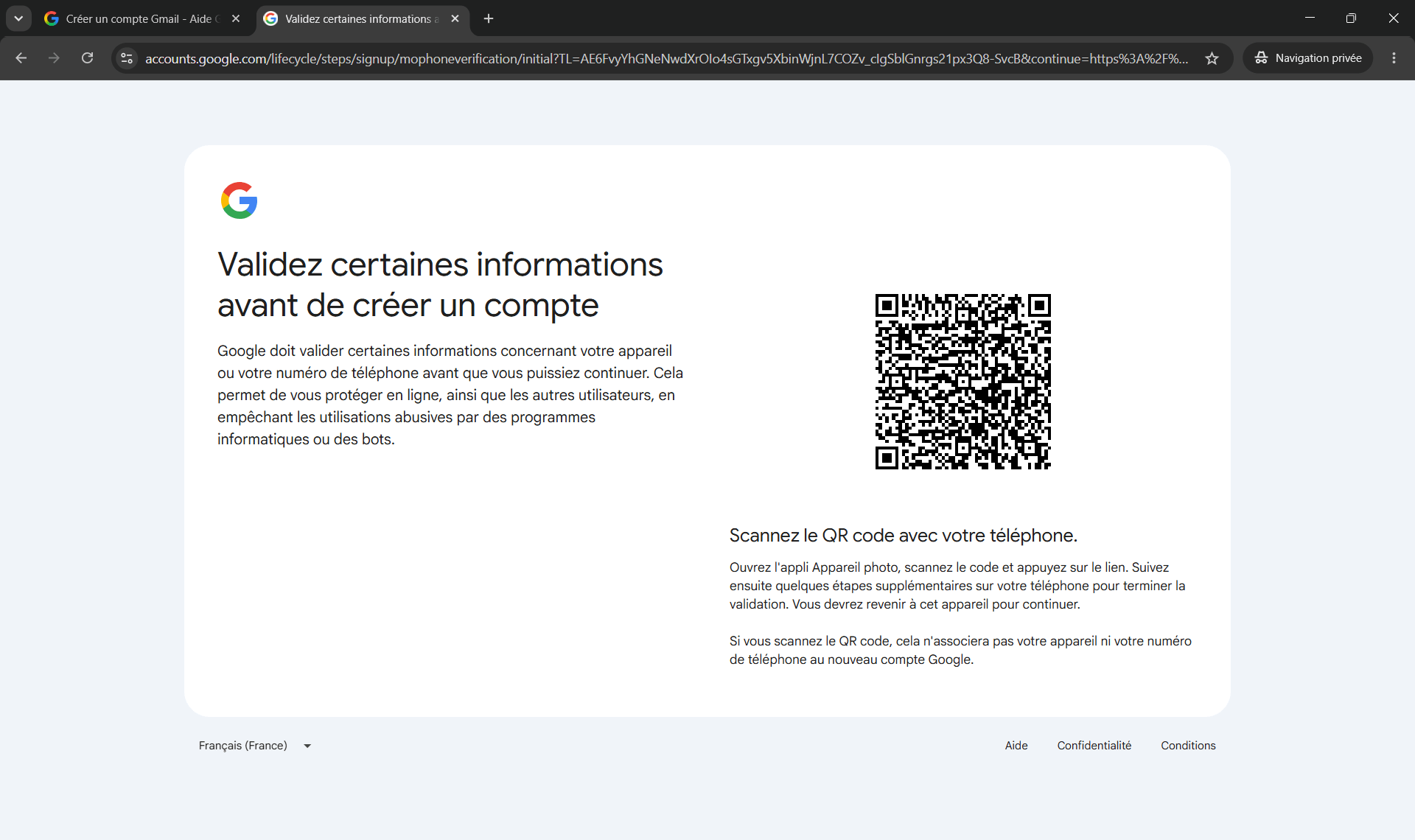 Creation compte gmail - QR code