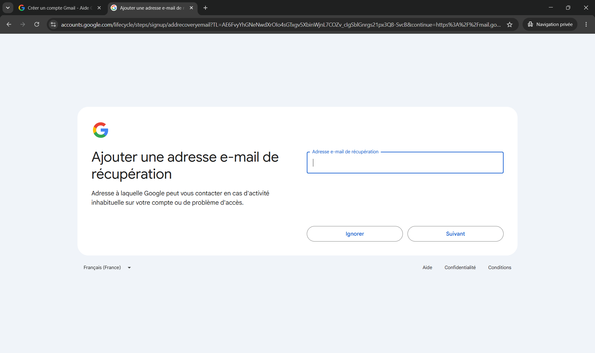 Cr&eacute;er un compte Gmail - email de r&eacute;cup&eacute;ration