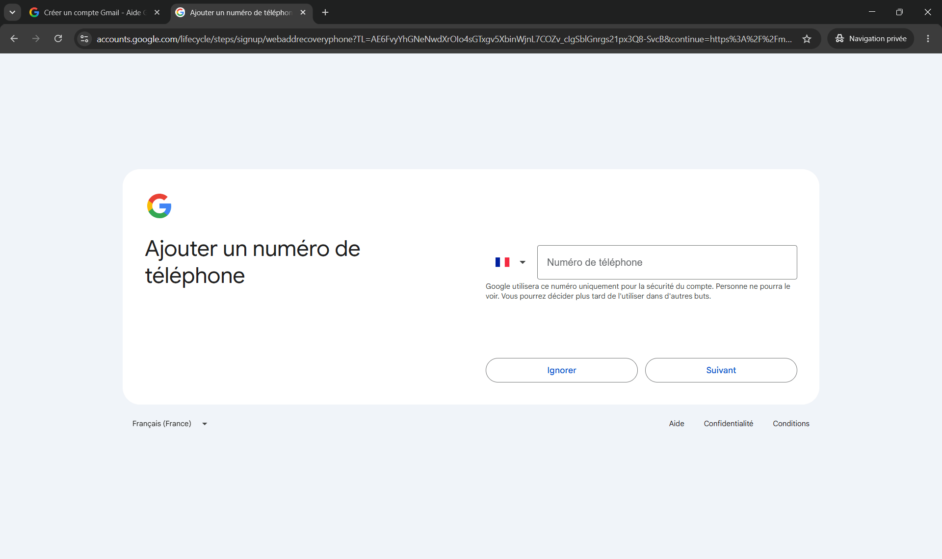 Cr&eacute;er un compte Gmail - ajout du t&eacute;l&eacute;phone