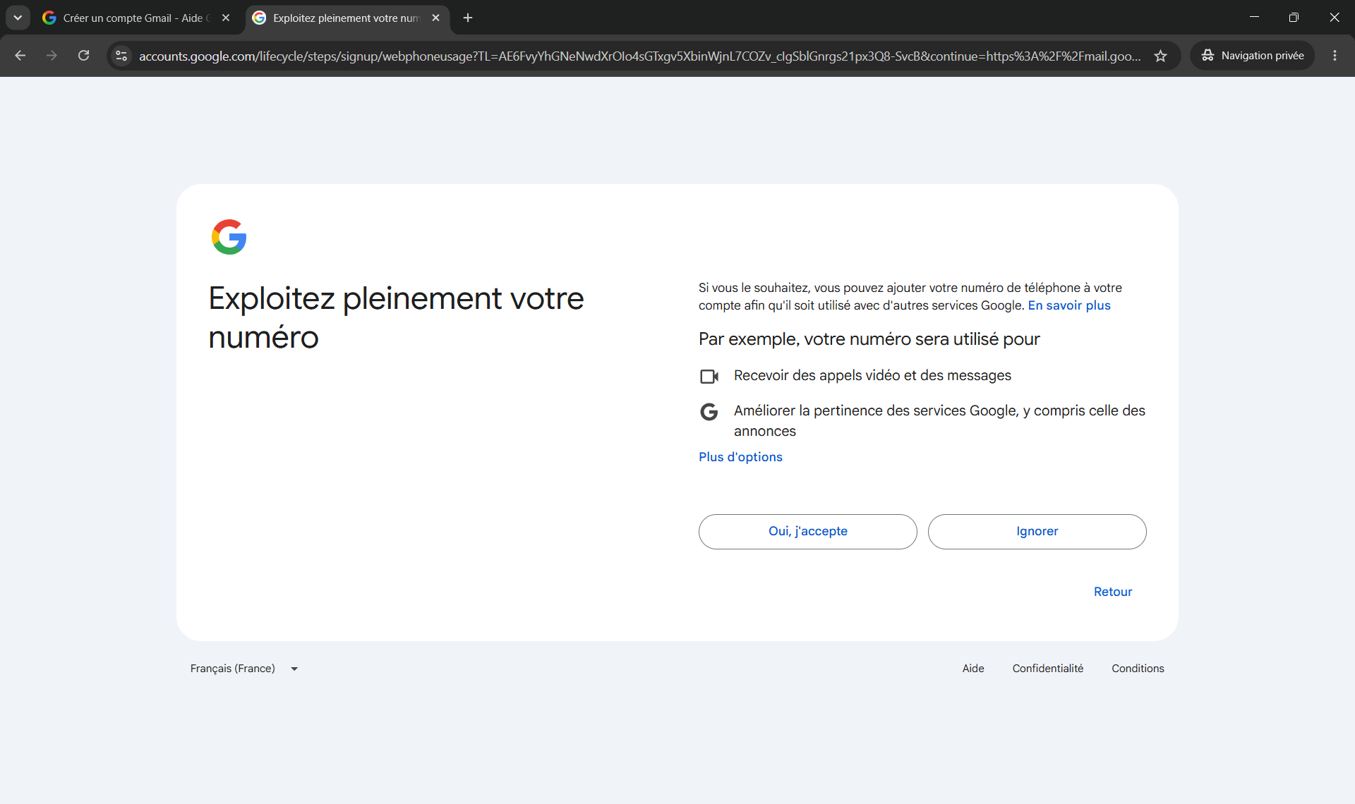 Cr&eacute;er un compte Gmail - utilisation du t&eacute;l&eacute;phone