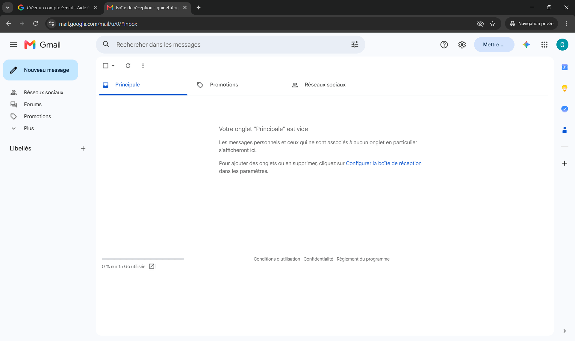 Cr&eacute;ation d'un compte Gmail - interface d'accueil de la messagerie