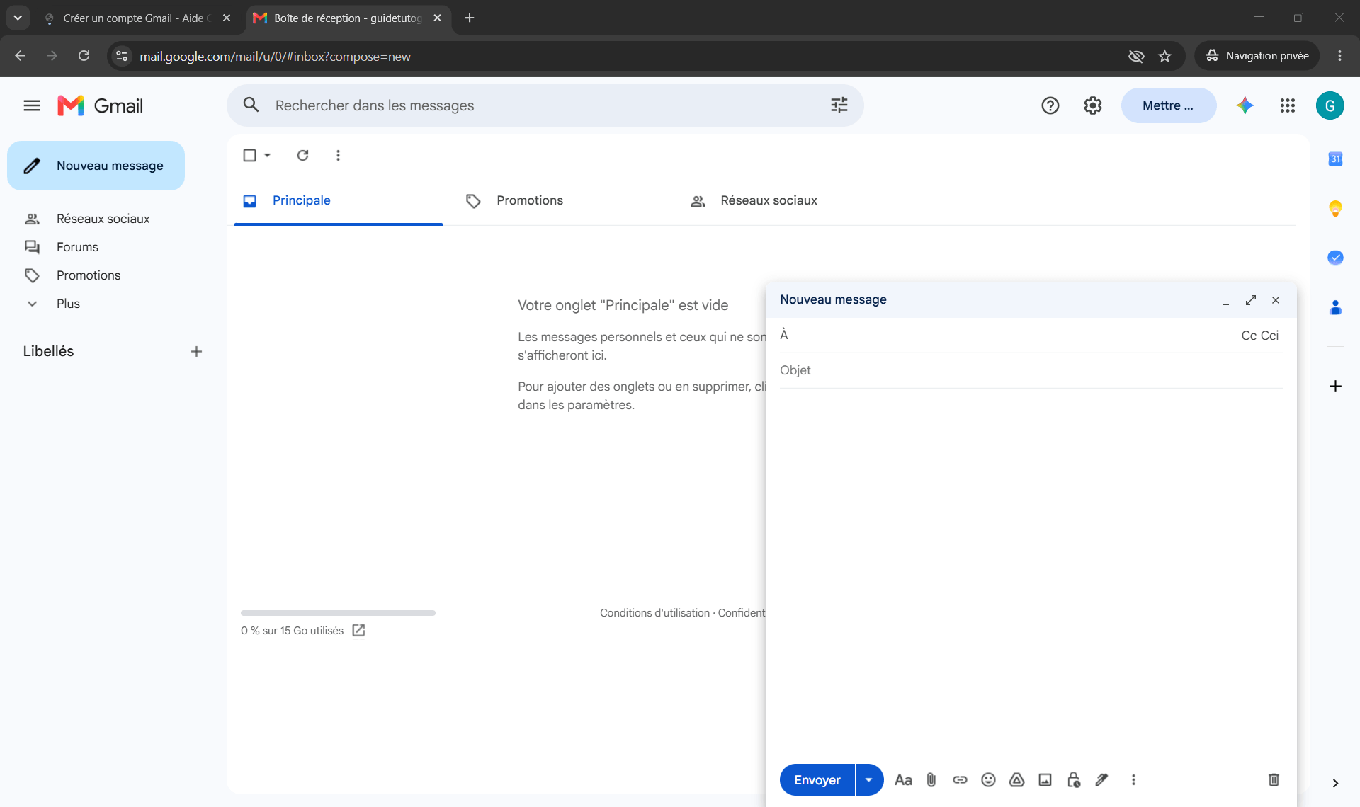 Cr&eacute;ation d'un compte Gmail - nouveau message