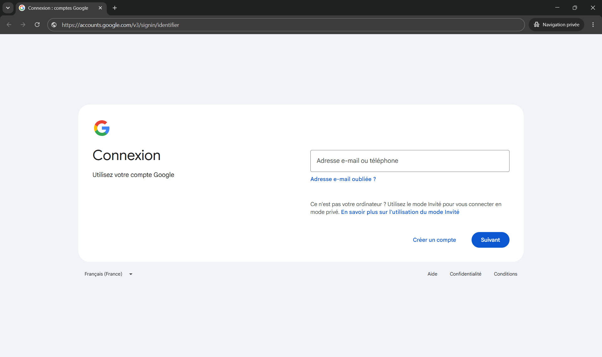Connexion à Gmail - première étape d'identification