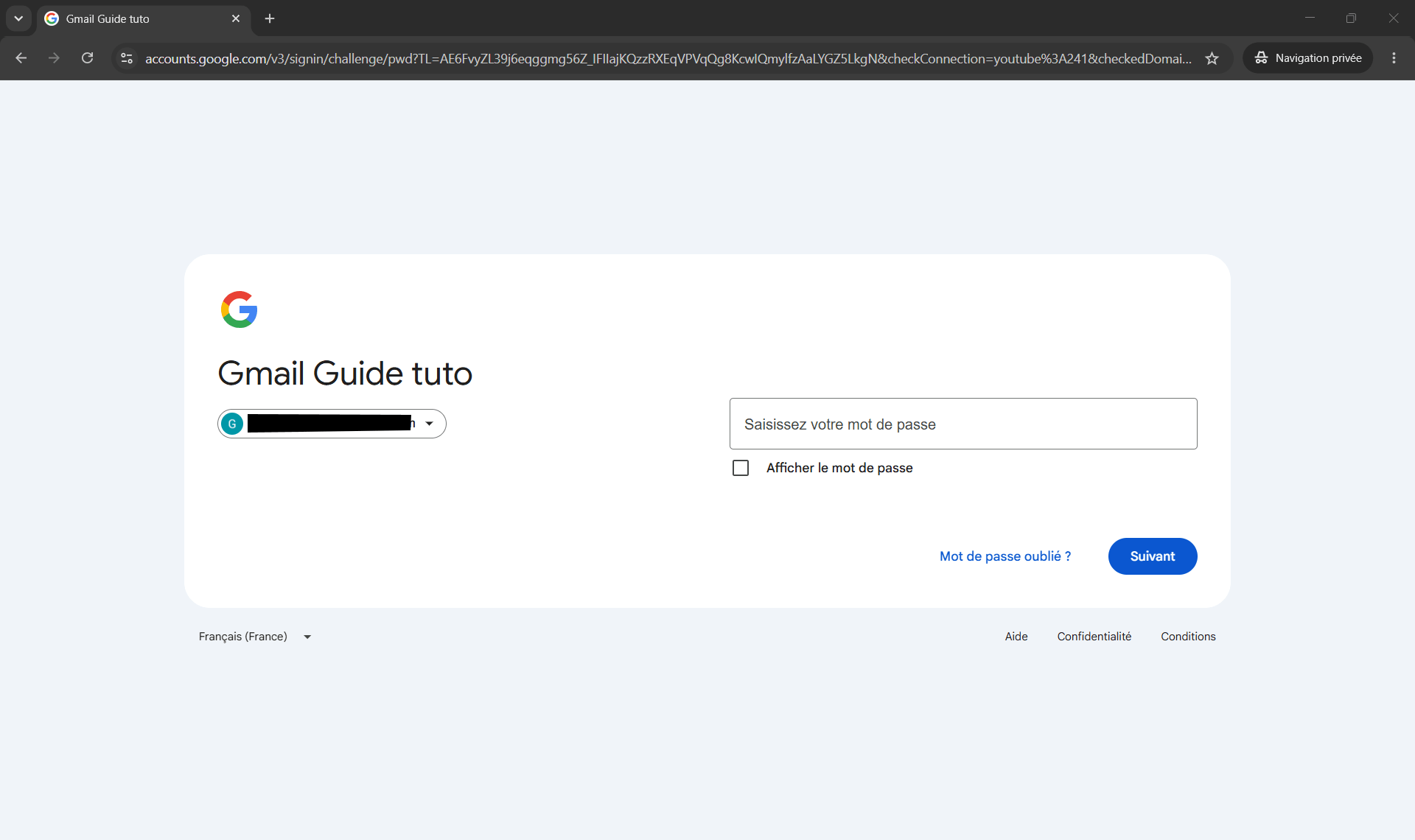Connexion à Gmail - seconde étape le mot de passe