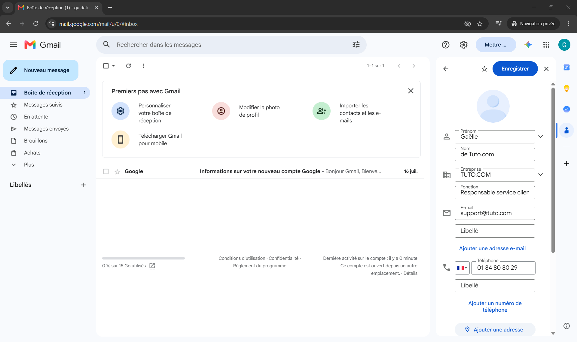 Créer et gérer ses contacts Gmail - enregistrement du contact