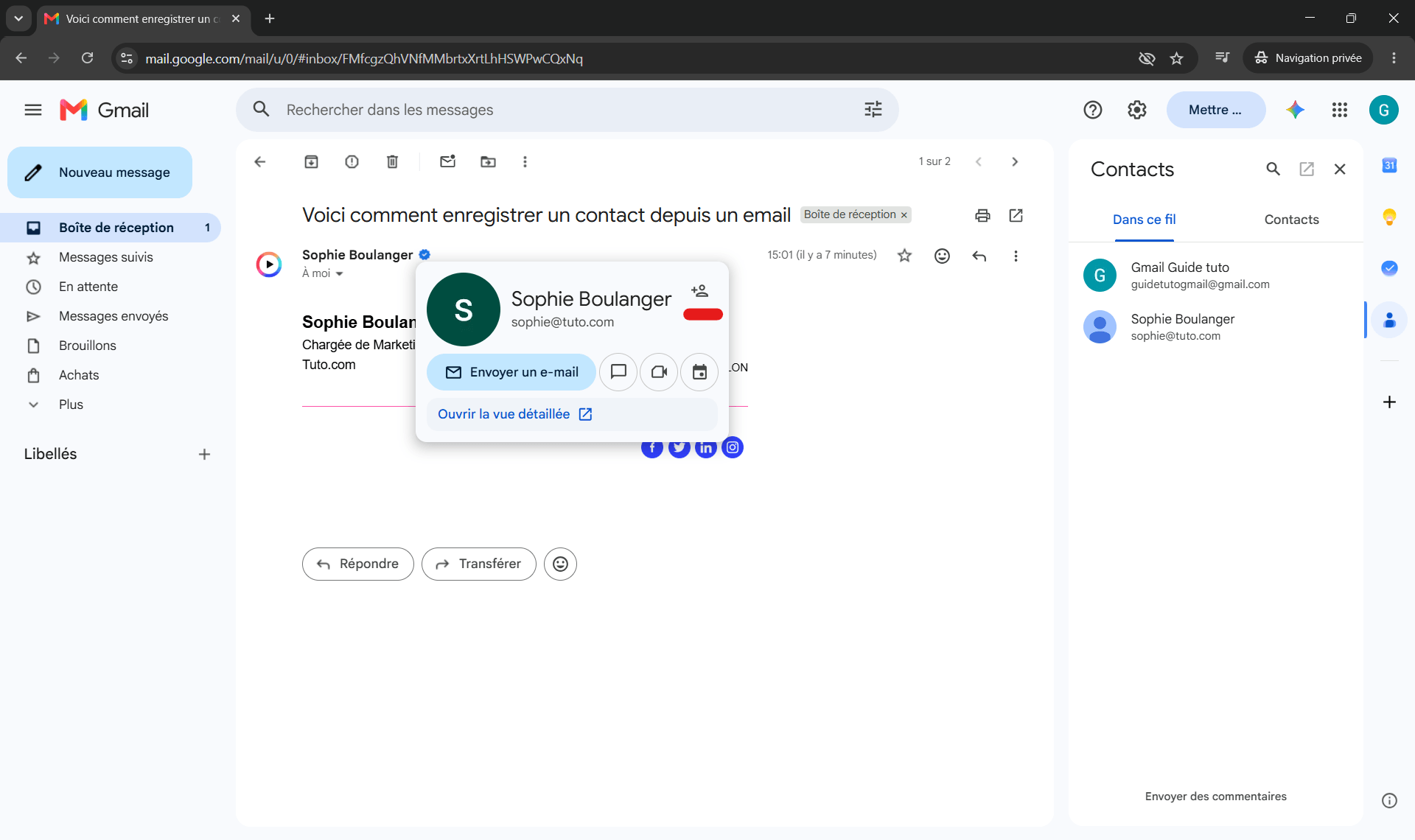 Ajouter un contact Gmail depuis un email re&ccedil;u