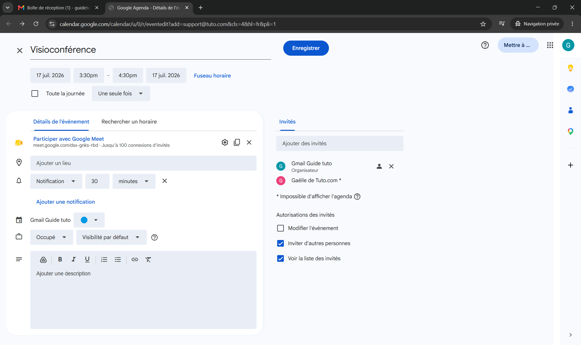 Planifier un &eacute;v&eacute;nement depuis Gmail