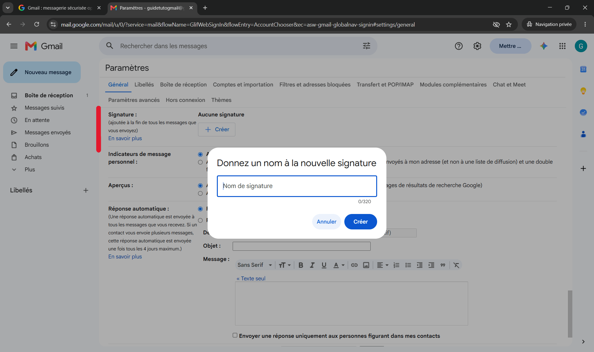 Création d'une signature personnalisée dans Gmail