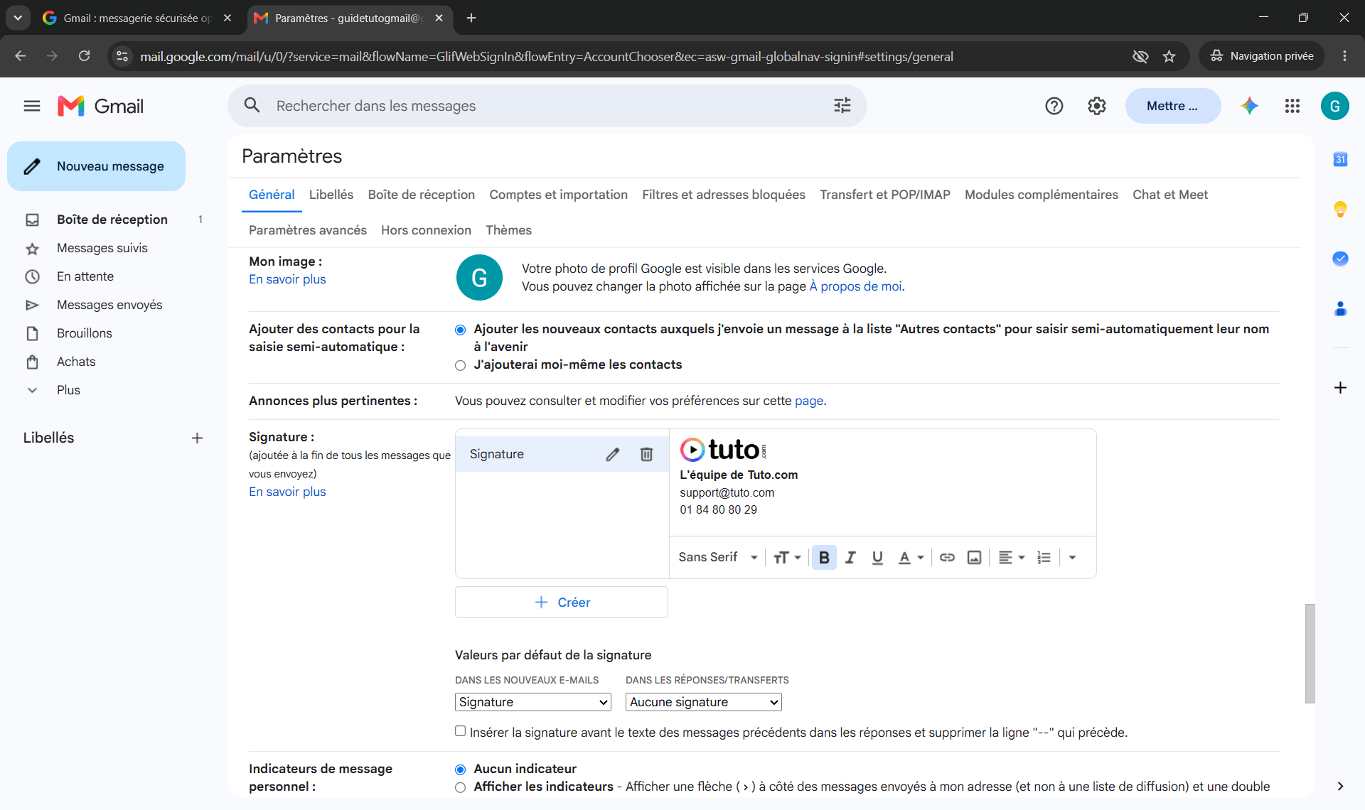 Création d'une signature personnalisée dans l'éditeur par défaut de Gmail