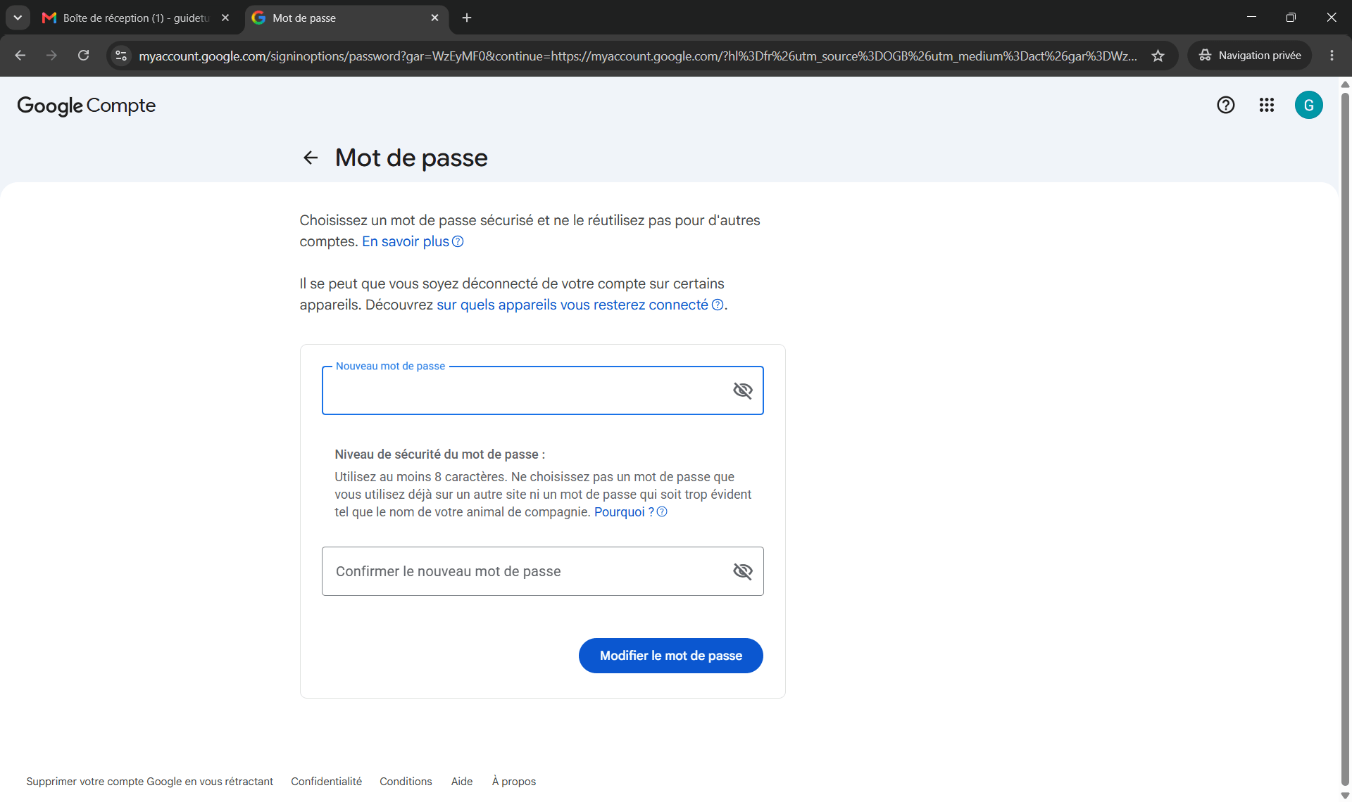 Modifier son mot de passe Gmail
