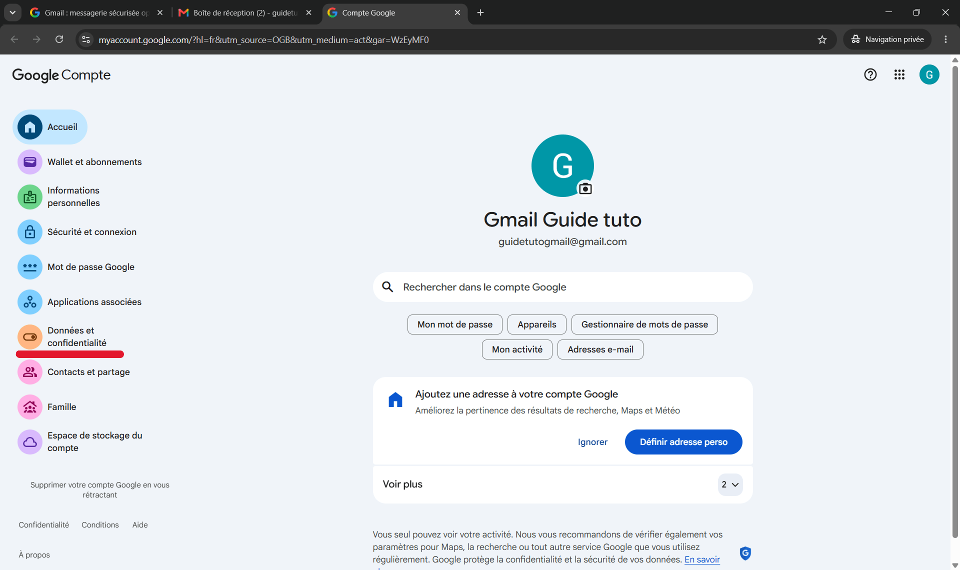 Les paramètres et confidentialités pour supprimer un compte Google