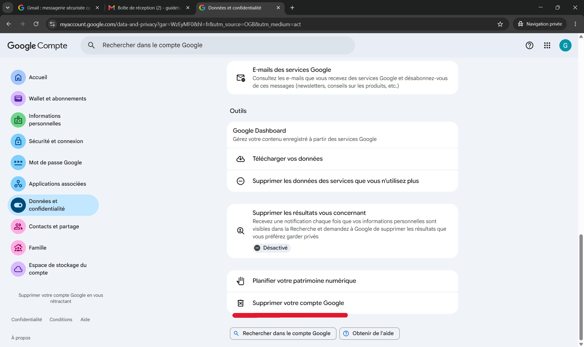 Supprimer son compte Google