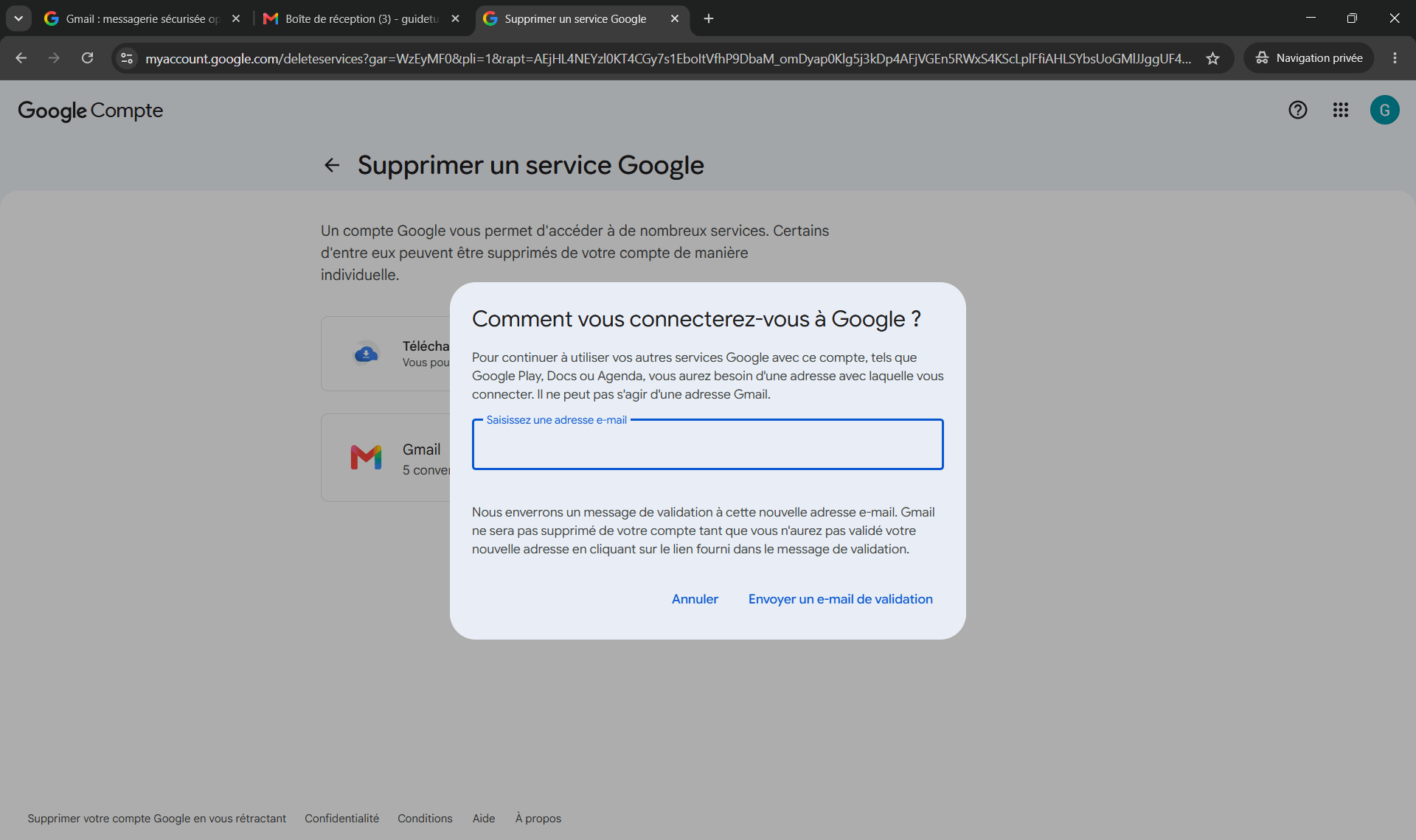 Supprimer un compte Gmail