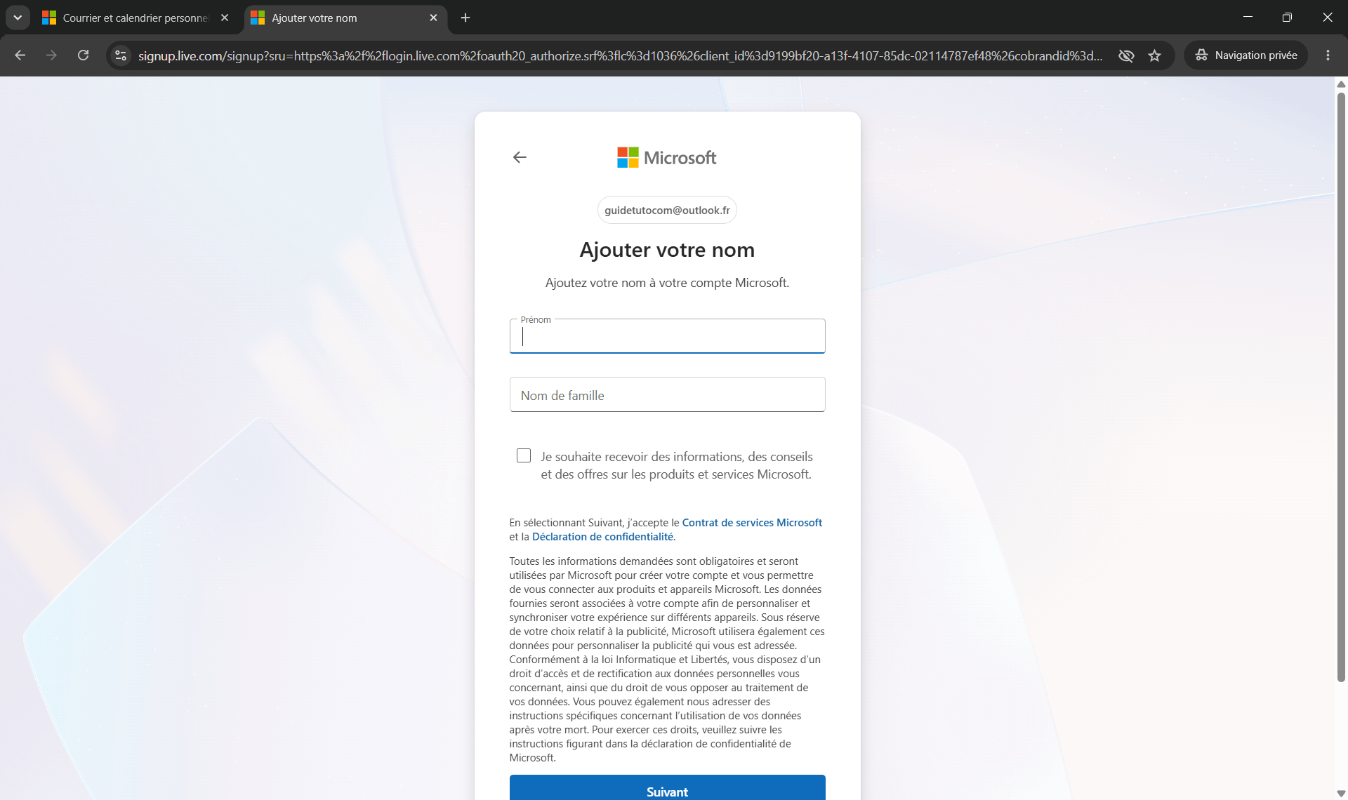 Création d'une adresse Outlook, le nom et prénom