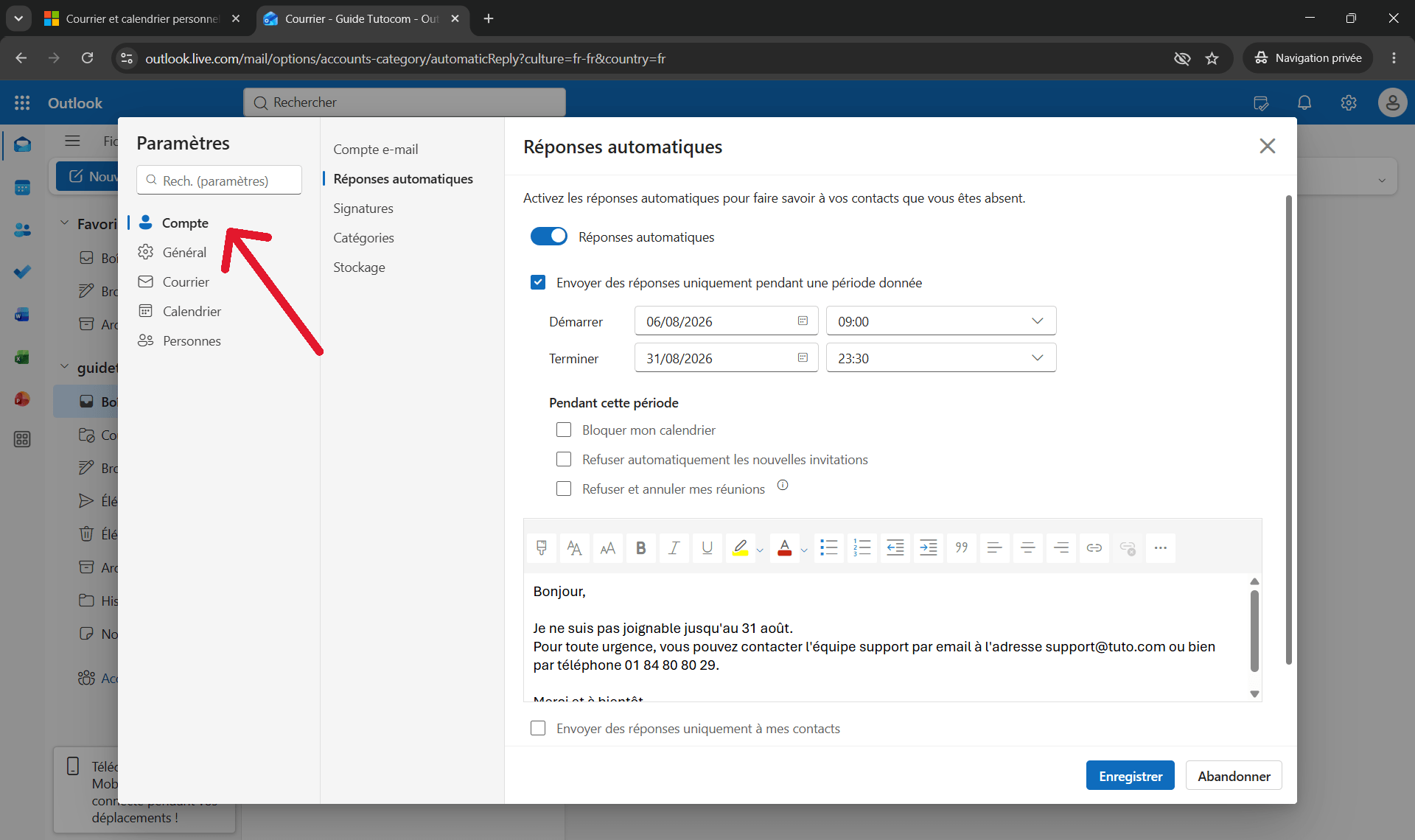 Programmer une p&eacute;riode d'absence sur Outlook