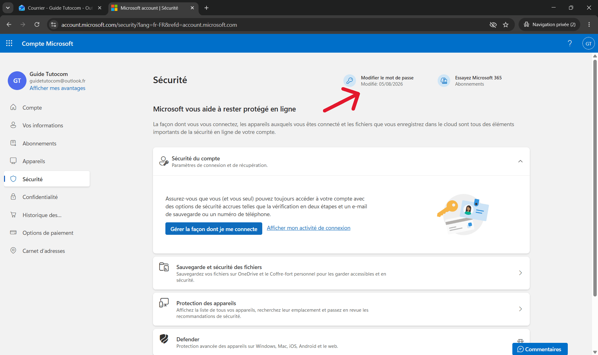 Les &eacute;tapes pour modifier son mot de passe Outlook