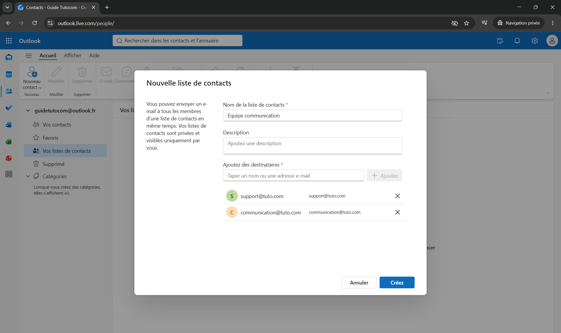 Créer une liste de contacts sur Outlook