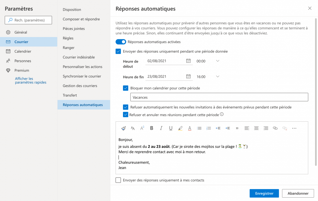 comment mettre un message d'absence sur outlook web